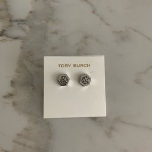 Tory Burch NEW Silver Hex Logo Stud Earrings
